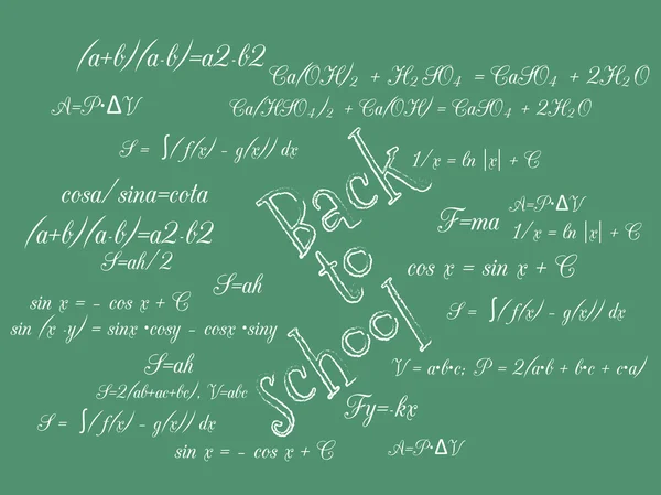 Zurück zur Schule. Formeln auf der Schultafel im Hintergrund. Vektorillustration. — Stockvektor