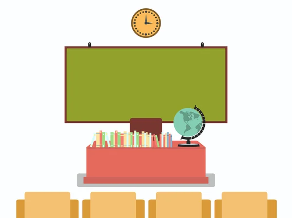 Aula escolar en estilo plano. Consejo escolar en la pared, libros en la mesa. Ilustración vectorial . — Vector de stock