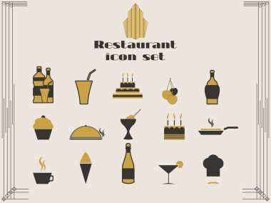 Art deco tarzında Restoran simgeler. Yemek ve mutfak simgeler. Vektör çizim.