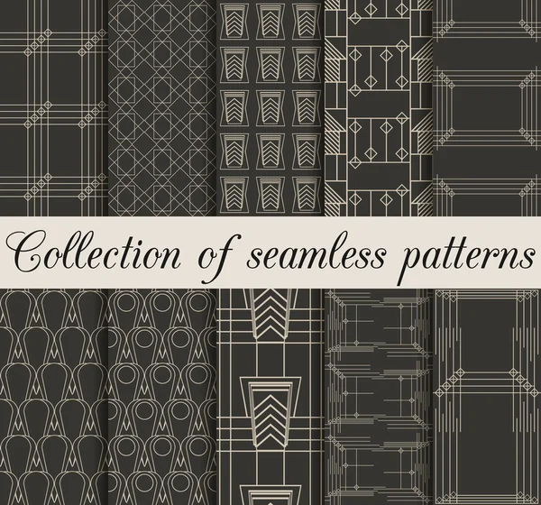 Art deco seamless patterns. Set of ten geometric backgrounds. Style 1920's, 1930's. Vector illustration. — Stock Vector