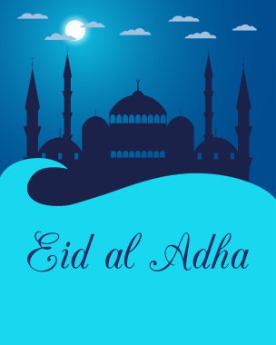 Eid al Kurban Bayramı. Cami bulutların üzerinde mavi arka plan. Sultanahmet Camii, Minare. Vektör çizim.