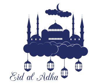 Eid al Kurban Bayramı. Beyaz arka planda bulutlar camide. Mavi Cami, Minare, fener, ay. Vektör çizim.