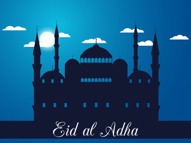 Eid al Kurban Bayramı. Cami bulutların üzerinde mavi arka plan. Sultanahmet Camii, Minare. Vektör çizim.
