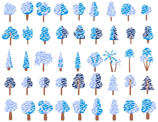 Árboles planos en la nieve en diseño plano. Árboles de invierno sobre un fondo blanco. Iconos vectoriales . — Vector de stock