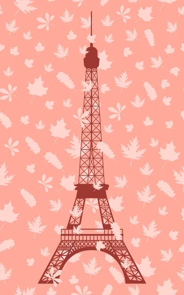 단풍을 배경으로 한 에펠탑. 배경에 나뭇잎이있는 원활한 패턴. 벡터 일러스트레이션. — 스톡 벡터