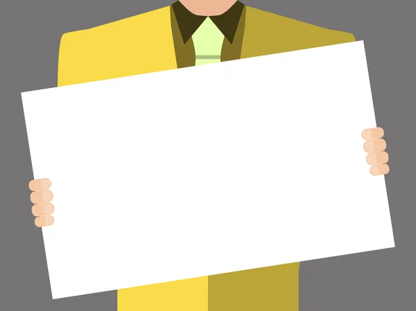 El hombre sostiene una pancarta. El hombre del traje amarillo sosteniendo un cartel. Ilustración vectorial . — Vector de stock