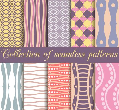 Retro renklerde geometrik dikişsiz desenler kümesi. Arka plandaki geometrik şekiller. Vektör çizimi.