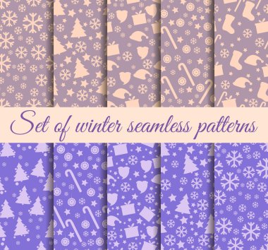 Kar taneleri, Noel ağaçları ve oyuncaklar ile kış Dikişsiz desen seti. Noel Dikişsiz desen. Vektör çizim ayarla.