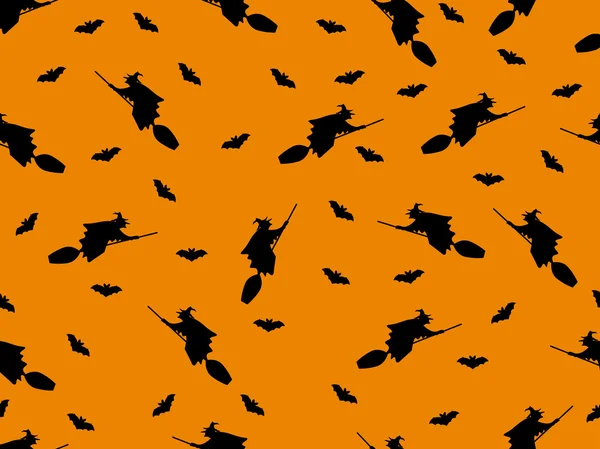 Patrón sin costuras con una bruja en una escoba y murciélagos para Halloween. Ilustración vectorial . — Archivo Imágenes Vectoriales