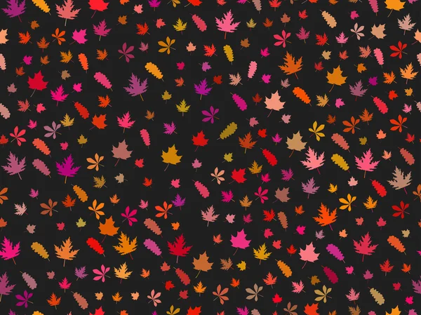 Motif sans couture avec des feuilles d'automne sur un fond noir. Feuilles colorées. Illustration vectorielle . — Image vectorielle