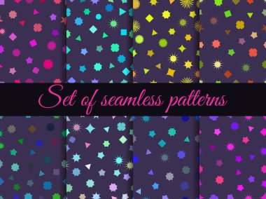 Kesintisiz geometrik desen. Renkli geometrik figürler ile Seamless Modeli ayarlayın. Kareler, üçgen, altıgenler ve yıldız. Vektör çizim.