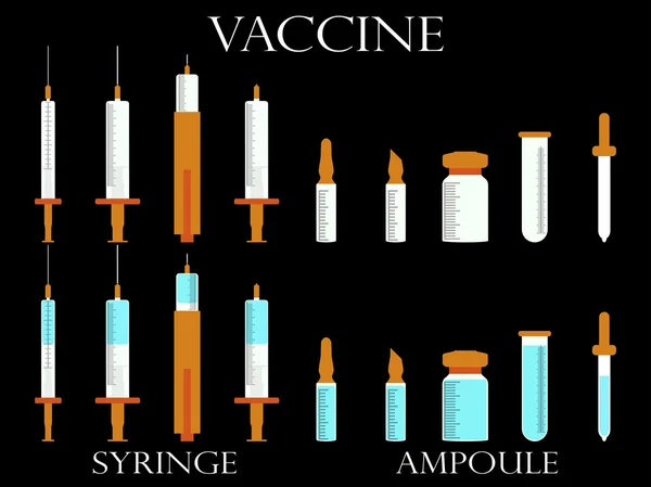 Jeringa y viales. Vacuna. Instrumentos médicos listos. Ilustración vectorial . — Vector de stock