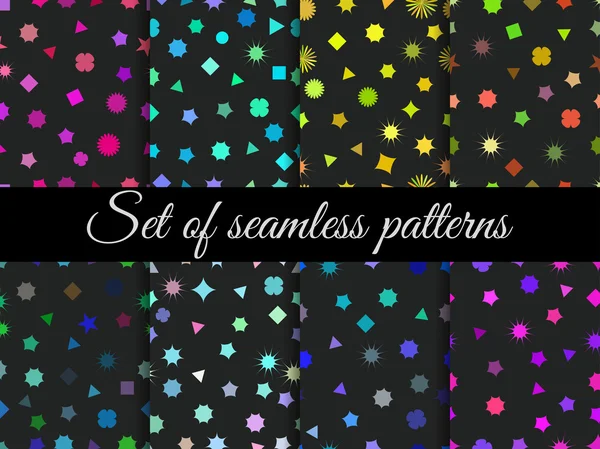 Seamless geometric pattern. Set seamless pattern with colorful geometric figures. Squares, triangles, hexagons and stars. Vector illustration. — Stock Vector