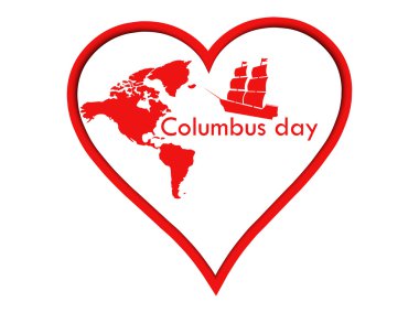 Kolomb Günü etiket kalp. Poster kalp ve gemi ile. Vektör çizim.