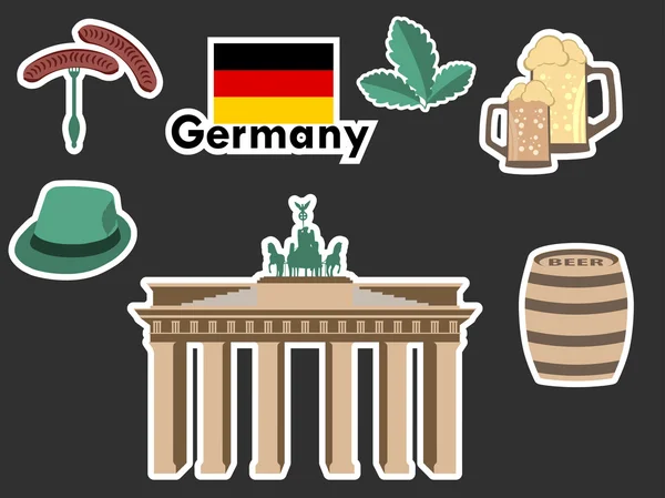 Pegatinas alemanas, símbolos de Alemania, la Puerta de Brandeburgo, cerveza, hojas de roble, salchichas bávaras. Parches elementos Alemania. Ilustración vectorial . — Vector de stock