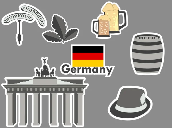 Pegatinas alemanas, símbolos de Alemania, la Puerta de Brandeburgo, cerveza, hojas de roble, salchichas bávaras. Parches elementos Alemania. Ilustración vectorial . — Vector de stock