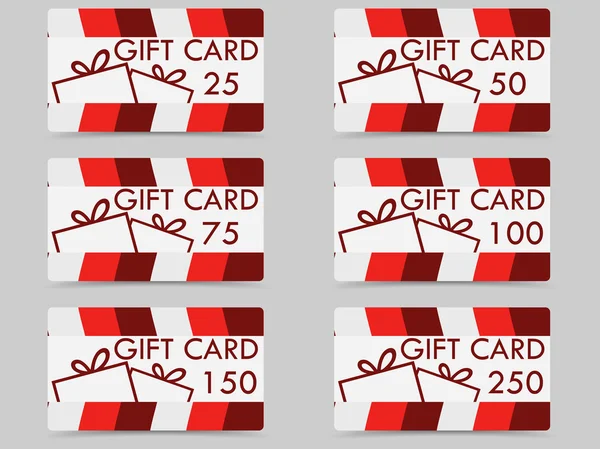 Tarjeta de regalo con caja de regalo. Los valores de las tarjetas 25, 50, 75, 100, 150, 250. Conjunto de ilustraciones vectoriales . — Vector de stock