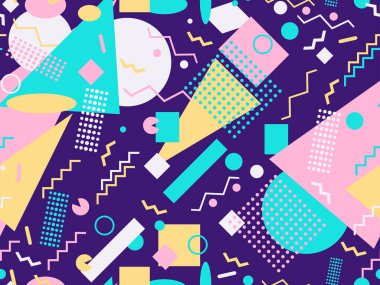 80 'lerin tarzında geometrik şekilli kusursuz desen. Broşürler, afişler ve ambalaj kağıtları için üçgenleri, daireleri ve kareleri olan çok renkli eski model bir arka plan. Vektör illüstrasyonu