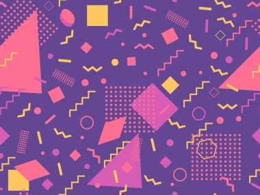 80 'lerin tarzında geometrik şekilli kusursuz desen. Broşürler, afişler ve ambalaj kağıtları için üçgenleri, daireleri ve kareleri olan çok renkli eski model bir arka plan. Vektör illüstrasyonu