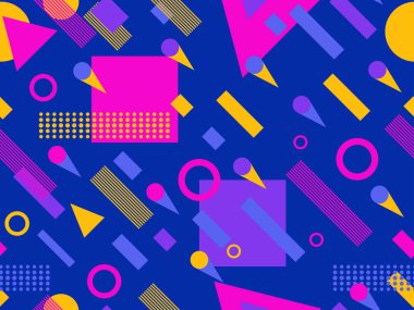 80 'lerin tarzında geometrik şekilli kusursuz desen. Broşürler, afişler ve ambalaj kağıtları için üçgenleri, daireleri ve kareleri olan çok renkli eski model bir arka plan. Vektör illüstrasyonu