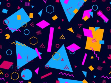 80 'lerin tarzında geometrik şekilli kusursuz desen. Broşürler, afişler ve ambalaj kağıtları için üçgenleri, daireleri ve kareleri olan çok renkli eski model bir arka plan. Vektör illüstrasyonu