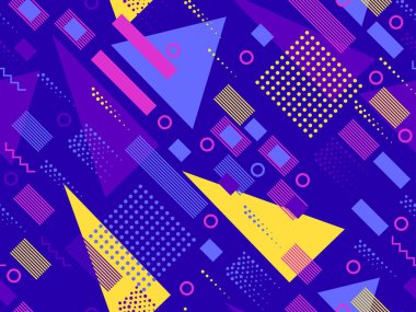 80 'lerin tarzında geometrik şekilli kusursuz desen. Broşürler, afişler ve ambalaj kağıtları için üçgenleri, daireleri ve kareleri olan çok renkli eski model bir arka plan. Vektör illüstrasyonu