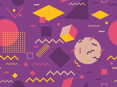 80 'lerin tarzında geometrik şekilli kusursuz desen. Broşürler, afişler ve ambalaj kağıtları için üçgenleri, daireleri ve kareleri olan çok renkli eski model bir arka plan. Vektör illüstrasyonu