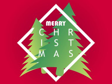 Mutlu noeller. Kırmızı arka planda yeşil noel ağaçları. Tebrik kartı, poster ve afiş için şenlik tasarımı. Vektör illüstrasyonu