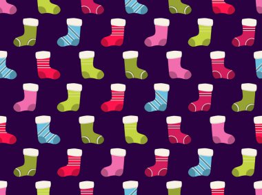 Noel çorapları kusursuz desen. Kutlama kartları, ambalaj kağıtları, afişler ve posterler için Noel çorapları olan şenlikli bir arka plan. Vektör illüstrasyonu