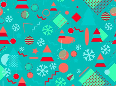 80 'lerin tarzında Noel süslemeleri ve geometrik şekilleri olan kusursuz bir Noel deseni. Kutlama kartları, ambalaj kağıtları ve afişler için şenlikli bir zemin. Vektör illüstrasyonu