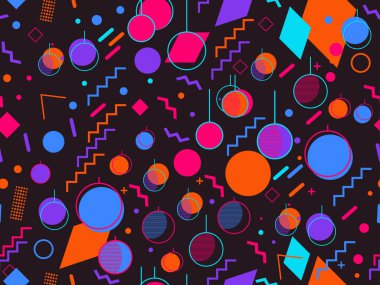 Kar taneleri ve köknar ağaçlarıyla kusursuz bir Noel deseni. Noel topları ve geometrik şekiller. Broşürler, promosyon malzemeleri, ambalaj kağıtları ve duvar kağıtları için harika. Vektör illüstrasyonu