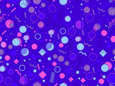 80 'lerin tarzında Noel süslemeleri ve geometrik şekilleri olan kusursuz bir Noel deseni. Kutlama kartları, ambalaj kağıtları ve afişler için şenlikli bir zemin. Vektör illüstrasyonu