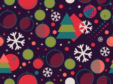 80 'lerin tarzında Noel süslemeleri ve geometrik şekilleri olan kusursuz bir Noel deseni. Kutlama kartları, ambalaj kağıtları ve afişler için şenlikli bir zemin. Vektör illüstrasyonu