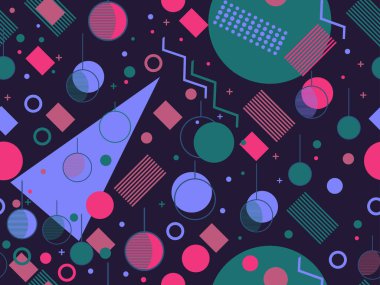 80 'lerin tarzında Noel süslemeleri ve geometrik şekilleri olan kusursuz bir Noel deseni. Kutlama kartları, ambalaj kağıtları ve afişler için şenlikli bir zemin. Vektör illüstrasyonu