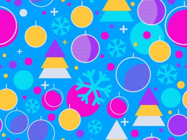 Kusursuz bir Noel deseni. 80 'lerin tarzında doğrusal Noel topları, kar taneleri ve üçgenlerden yapılmış geometrik Noel ağaçları. Vektör illüstrasyonu