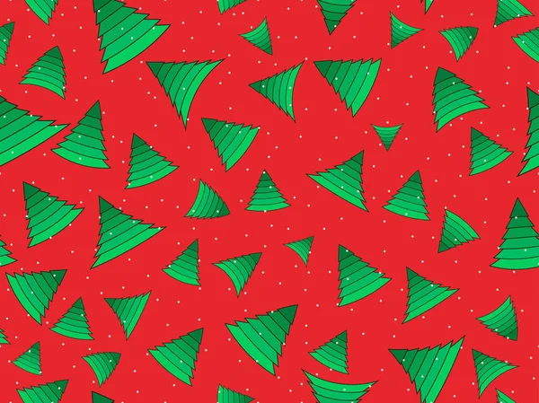 クリスマスツリーのシームレスなパターン 赤い背景に休日の時間緑のモミの木 クリスマスの装飾 グリーティングカードやバナーのためのお祭りの背景 ベクターイラスト — ストックベクタ