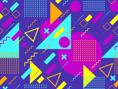 80 'lerin stili, sessiz renklerle, geometrik, pürüzsüz desen. Broşürler, afişler ve ambalaj kağıtları için üçgenleri, daireleri ve kareleri olan çok renkli eski model bir arka plan. Vektör illüstrasyonu