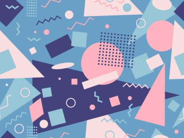 80 'lerin stili, sessiz renklerle, geometrik, pürüzsüz desen. Broşürler, afişler ve ambalaj kağıtları için üçgenleri, daireleri ve kareleri olan çok renkli eski model bir arka plan. Vektör illüstrasyonu