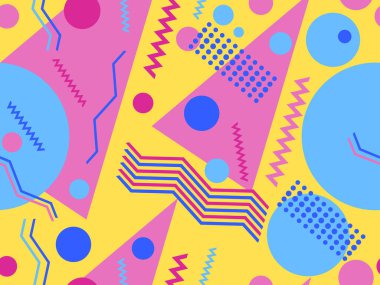 80 'lerin stili, sessiz renklerle, geometrik, pürüzsüz desen. Broşürler, afişler ve ambalaj kağıtları için üçgenleri, daireleri ve kareleri olan çok renkli eski model bir arka plan. Vektör illüstrasyonu