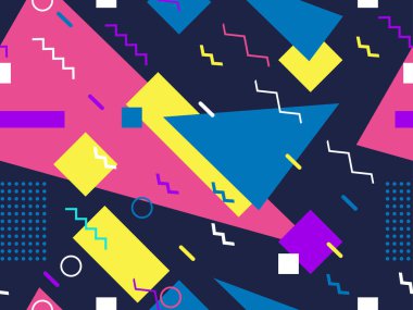 80 'lerin stili, sessiz renklerle, geometrik, pürüzsüz desen. Broşürler, afişler ve ambalaj kağıtları için üçgenleri, daireleri ve kareleri olan çok renkli eski model bir arka plan. Vektör illüstrasyonu