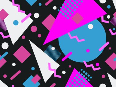 80 'lerin stili, sessiz renklerle, geometrik, pürüzsüz desen. Broşürler, afişler ve ambalaj kağıtları için üçgenleri, daireleri ve kareleri olan çok renkli eski model bir arka plan. Vektör illüstrasyonu