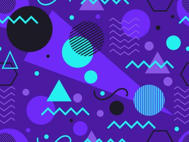 80 'lerin stili, sessiz renklerle, geometrik, pürüzsüz desen. Broşürler, afişler ve ambalaj kağıtları için üçgenleri, daireleri ve kareleri olan çok renkli eski model bir arka plan. Vektör illüstrasyonu