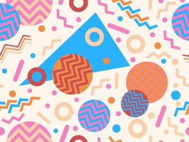 80 'lerin stili, sessiz renklerle, geometrik, pürüzsüz desen. Broşürler, afişler ve ambalaj kağıtları için üçgenleri, daireleri ve kareleri olan çok renkli eski model bir arka plan. Vektör illüstrasyonu