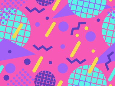 80 'lerin tarzında geometrik şekilli kusursuz desen. Zigzag çizerek daireler çiziyor. Broşürler, afişler ve ambalaj kağıtları için üçgenler, daireler ve kareler olan bir arka plan. Vektör illüstrasyonu