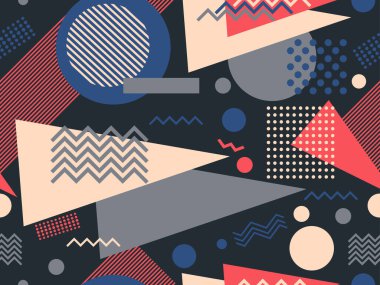 80 'lerin stili, sessiz renklerle, geometrik, pürüzsüz desen. Broşürler, afişler ve ambalaj kağıtları için üçgenleri, daireleri ve kareleri olan çok renkli eski model bir arka plan. Vektör illüstrasyonu