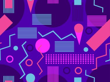 80 'lerin tarzında geometrik şekilli kusursuz desen. Broşürler, afişler ve ambalaj kağıtları için üçgenleri, daireleri ve kareleri olan çok renkli eski model bir arka plan. Vektör illüstrasyonu