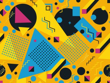 80 'lerin tarzında geometrik şekilli kusursuz desen. Broşürler, afişler ve ambalaj kağıtları için üçgenleri, daireleri ve kareleri olan çok renkli eski model bir arka plan. Vektör illüstrasyonu