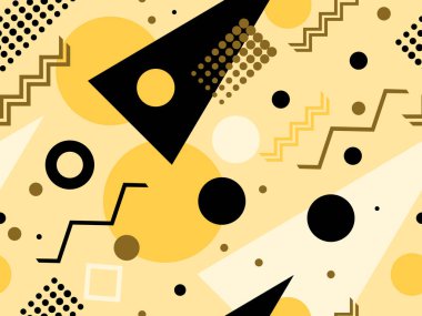 80 'lerin tarzında geometrik şekilli kusursuz desen. Broşürler, afişler ve ambalaj kağıtları için üçgenleri, daireleri ve kareleri olan çok renkli eski model bir arka plan. Vektör illüstrasyonu