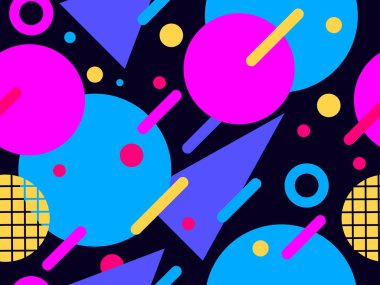 80 'lerin tarzında geometrik şekilli kusursuz desen. Broşürler, afişler ve ambalaj kağıtları için üçgenleri, daireleri ve kareleri olan çok renkli eski model bir arka plan. Vektör illüstrasyonu