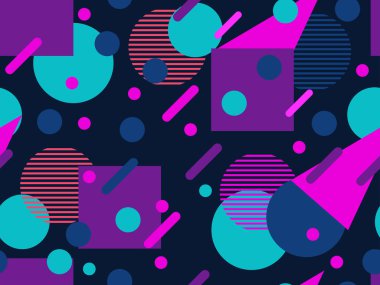 80 'lerin tarzında geometrik şekilli kusursuz desen. Broşürler, afişler ve ambalaj kağıtları için üçgenleri, daireleri ve kareleri olan çok renkli eski model bir arka plan. Vektör illüstrasyonu